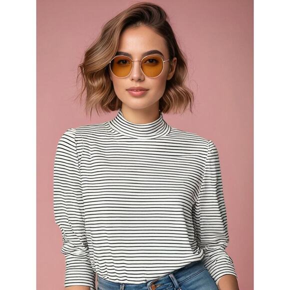 Draper James RSVP Women's Striped Mock Turtleneck‎ Shirt White Large - Picture 1 of 6